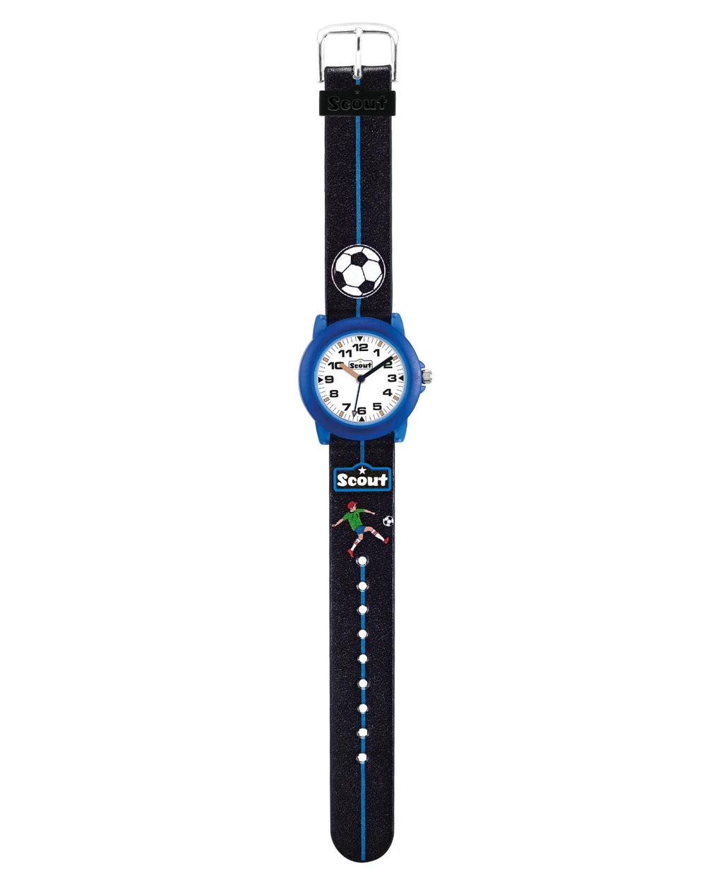 blaues gehäuse schwarzes band mit Fussball und Fußballer am band