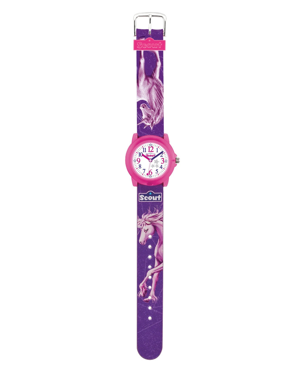 rosa gehäuse pinkes band mit einhornmotiven am band