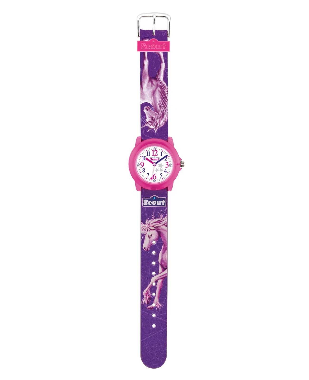 rosa gehäuse pinkes band mit einhornmotiven am band