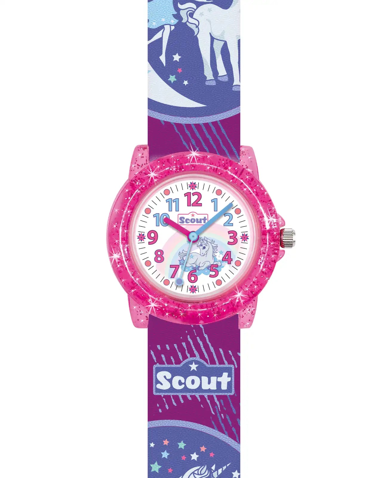 glitzerndes rosa gehäuse pinkes band mit Tee und einhorn Motiven am band