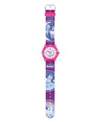 glitzerndes rosa gehäuse pinkes band mit Tee und einhorn Motiven am band