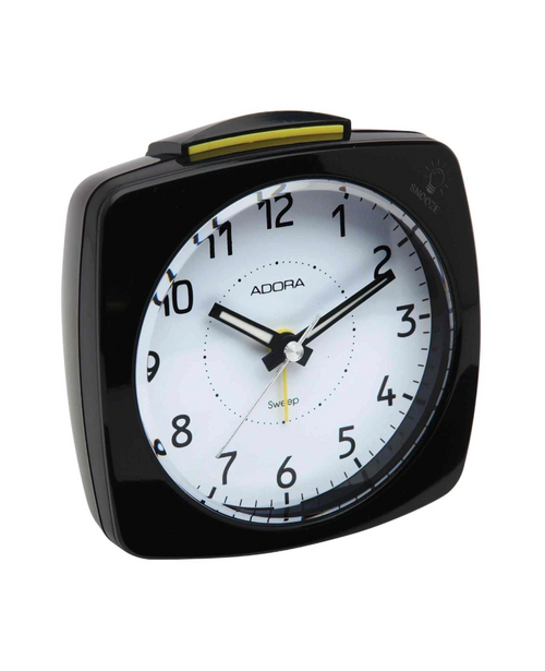 rechteckiger schwarzer wecker mit runden zifferblatt weiss