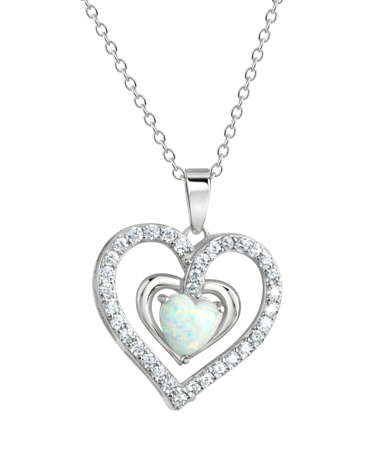 Ankerkette mit Herz Anhänger äußerer Kranz voll mit Zirkonia Steinen besetzt in der Mitte weißer Herz Opal