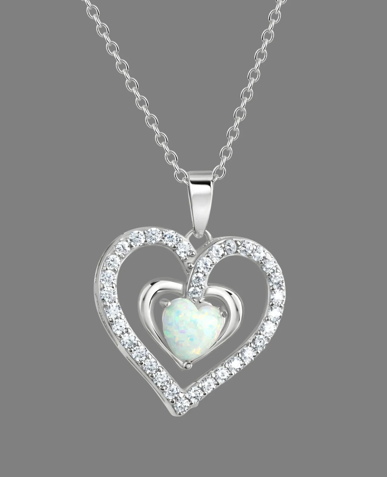 Ankerkette mit Herz Anhänger äußerer Kranz voll mit Zirkonia Steinen besetzt in der Mitte weißer Herz Opal