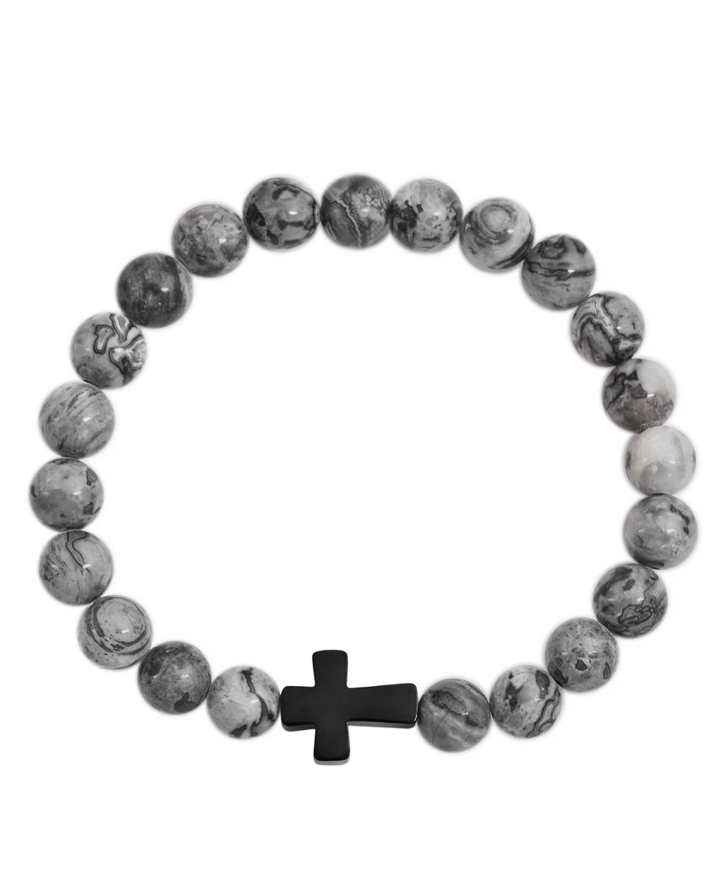 stretch kugelarmband naturstein mit schwarzen kreuz eingearbeitet