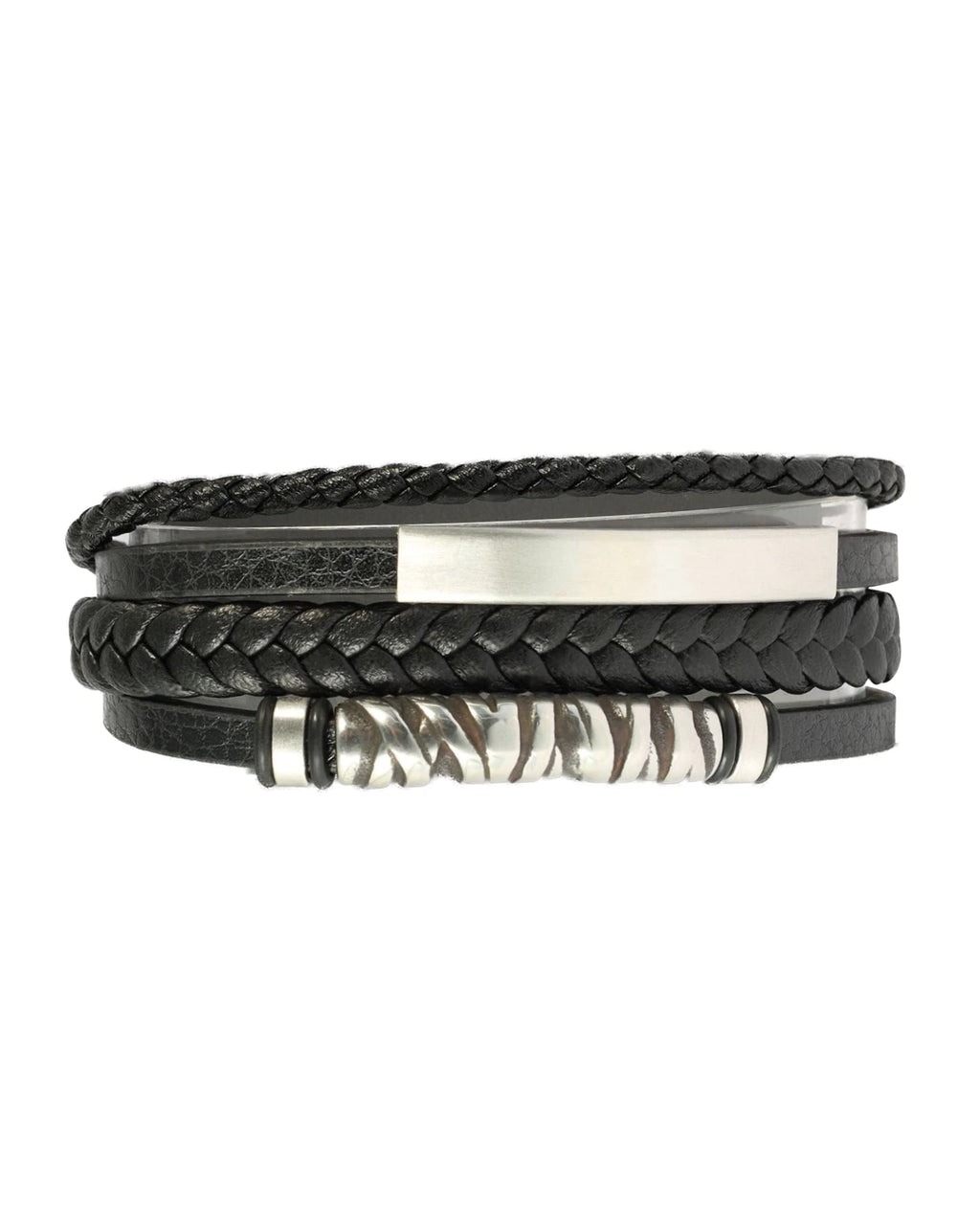 4 reihiges Leder Armband schwarz lange Edelsatahlplatte für Gravur