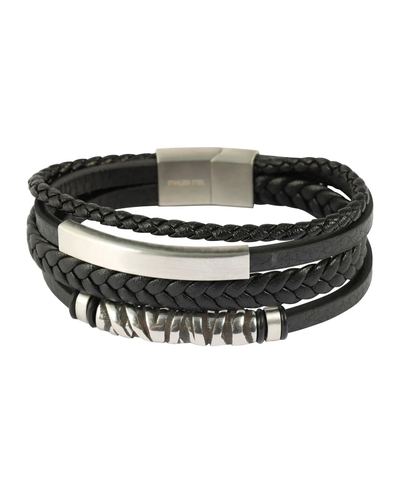 4 reihiges Leder Armband schwarz lange Edelsatahlplatte für Gravur