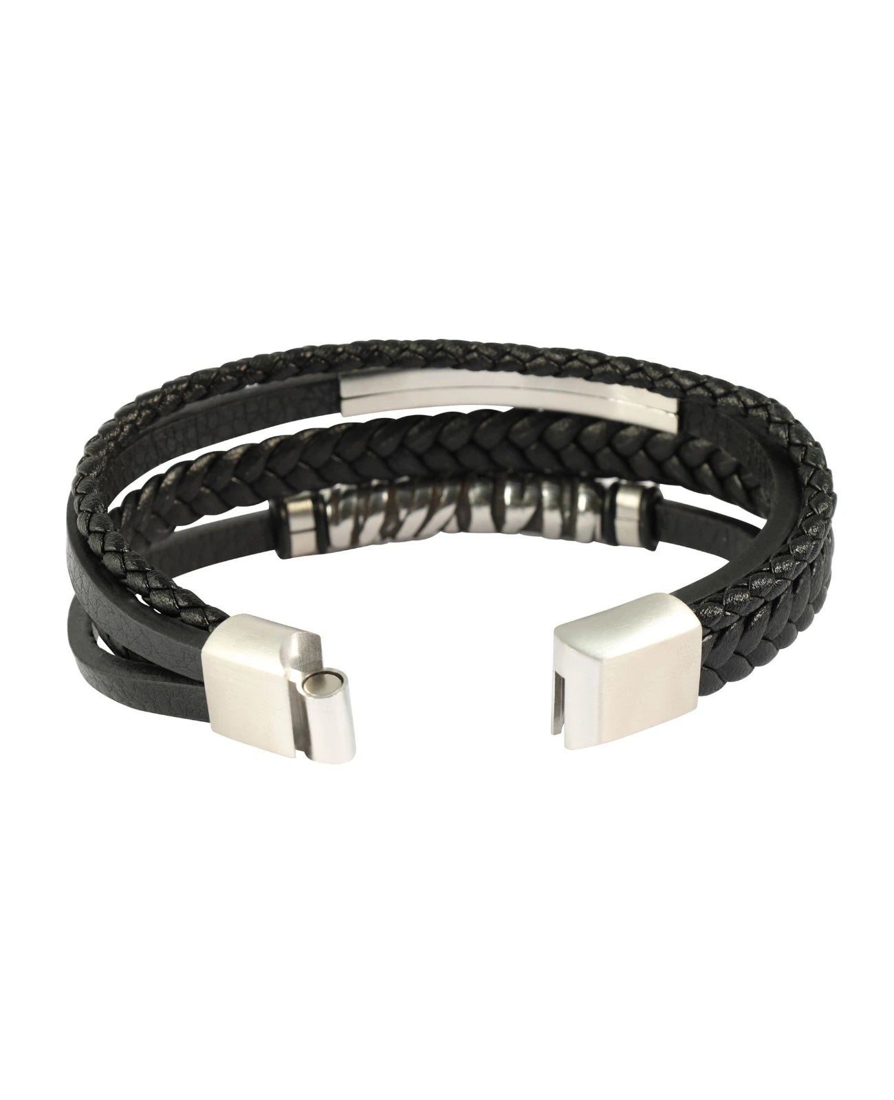4 reihiges Leder Armband schwarz lange Edelsatahlplatte für Gravur