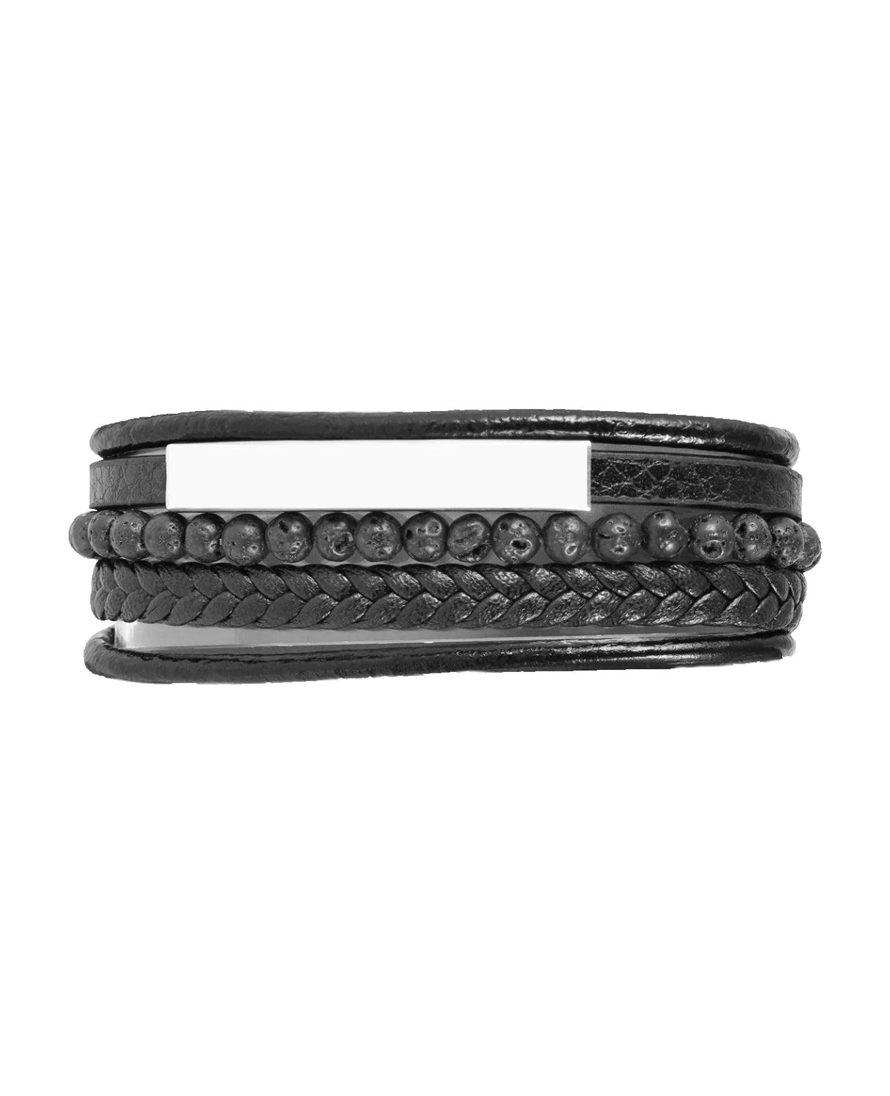 4 reihiges Leder Armband schwarz lange Edelsatahlplatte für Gravur