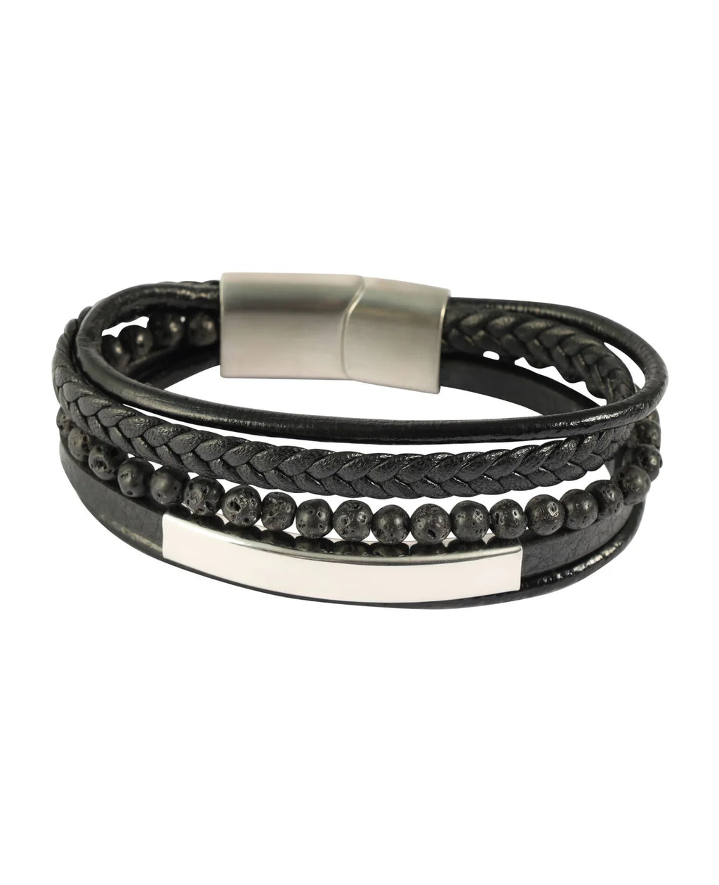 4 reihiges Leder Armband schwarz lange Edelsatahlplatte für Gravur