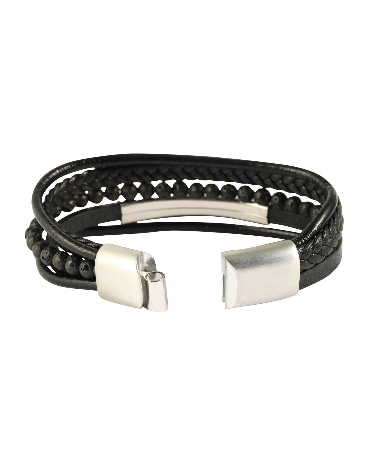 4 reihiges Leder Armband schwarz lange Edelsatahlplatte für Gravur