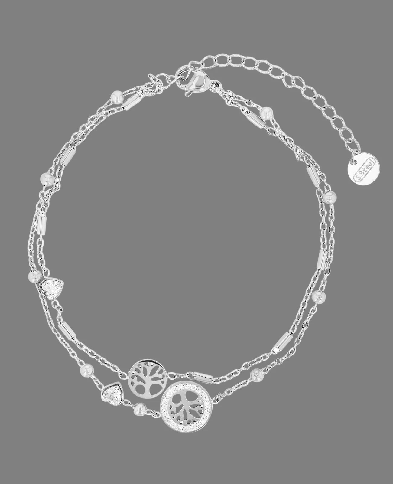 Zweireihige Kette mit zwei Baum des Lebens und zwei Herzen mit Zirkonia Steine 