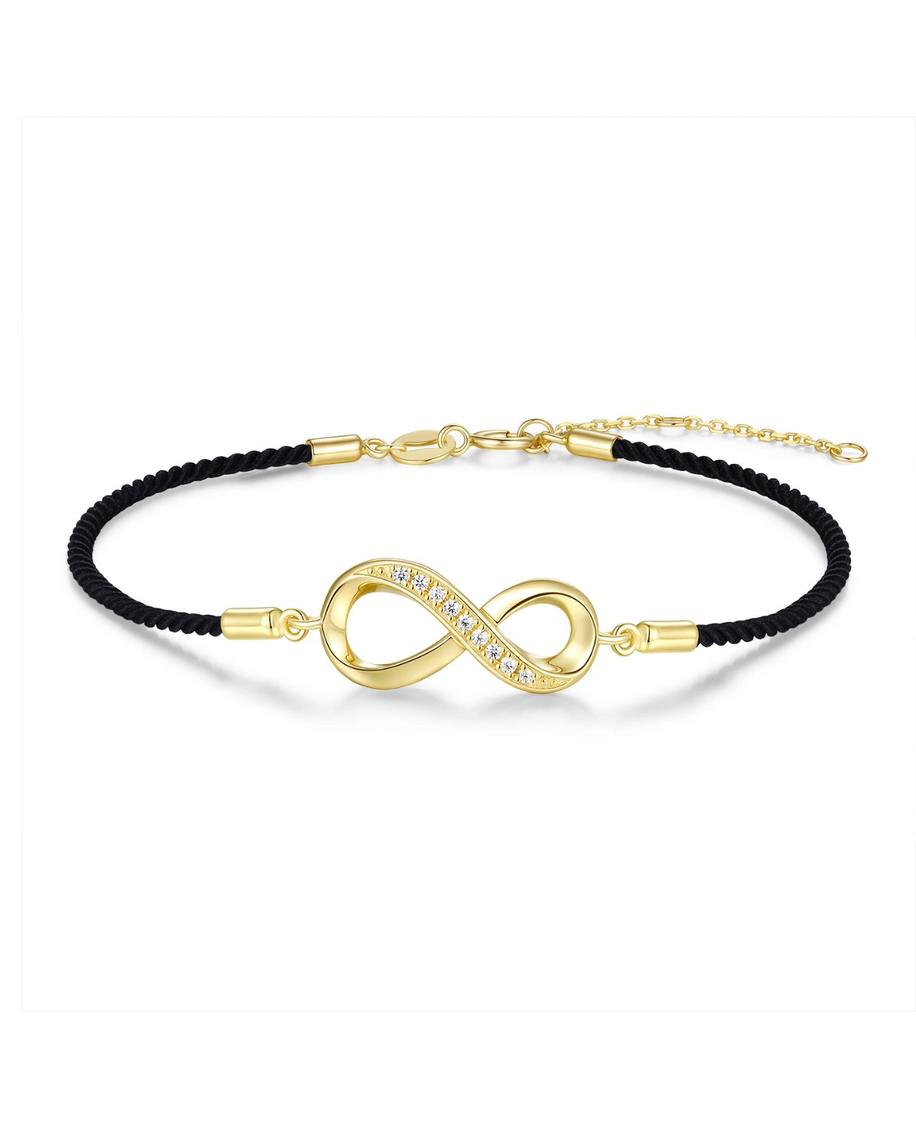 Gekordeltes schwarzes Textilarmband in der Mitte goldfarbenes Unendlichkeitszeichen