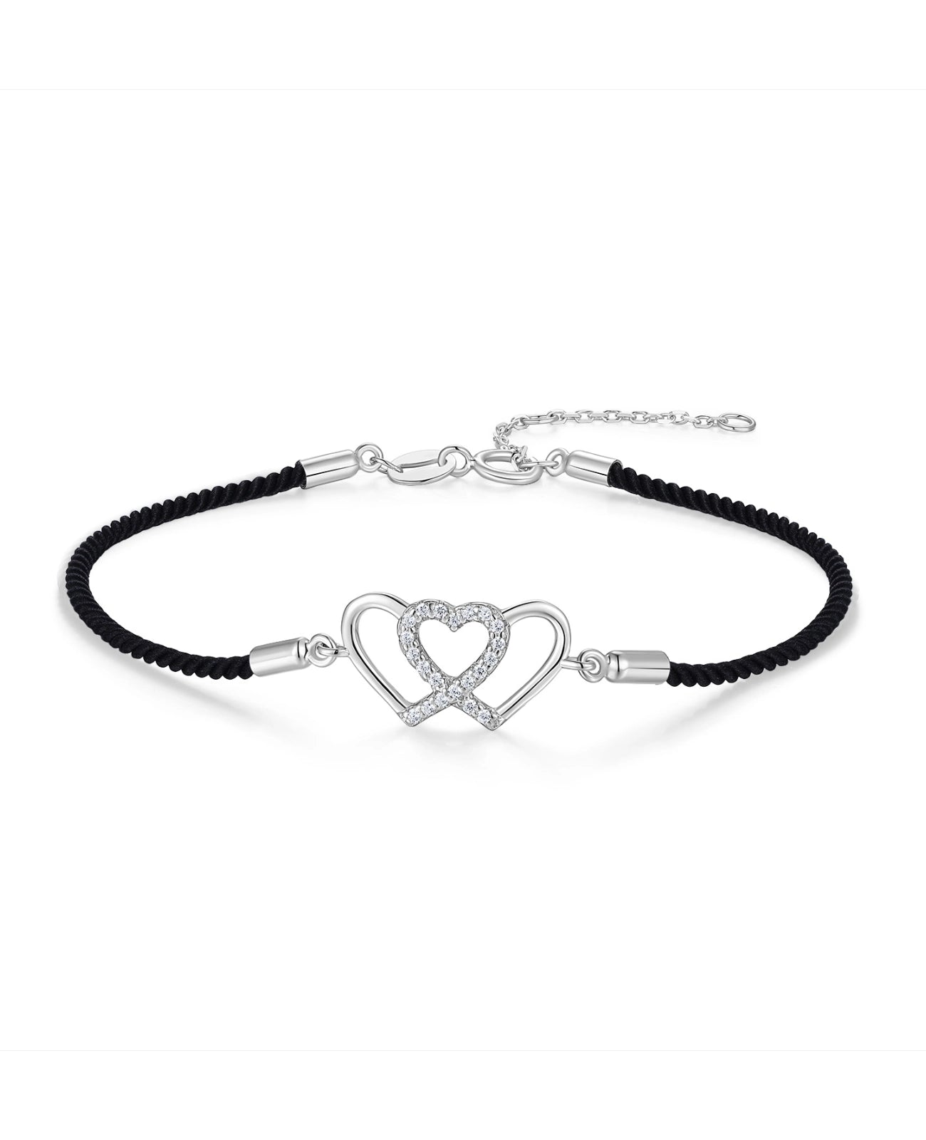 Gekordeltes schwarzes Textilarmband in der Mitte Doppelherzen