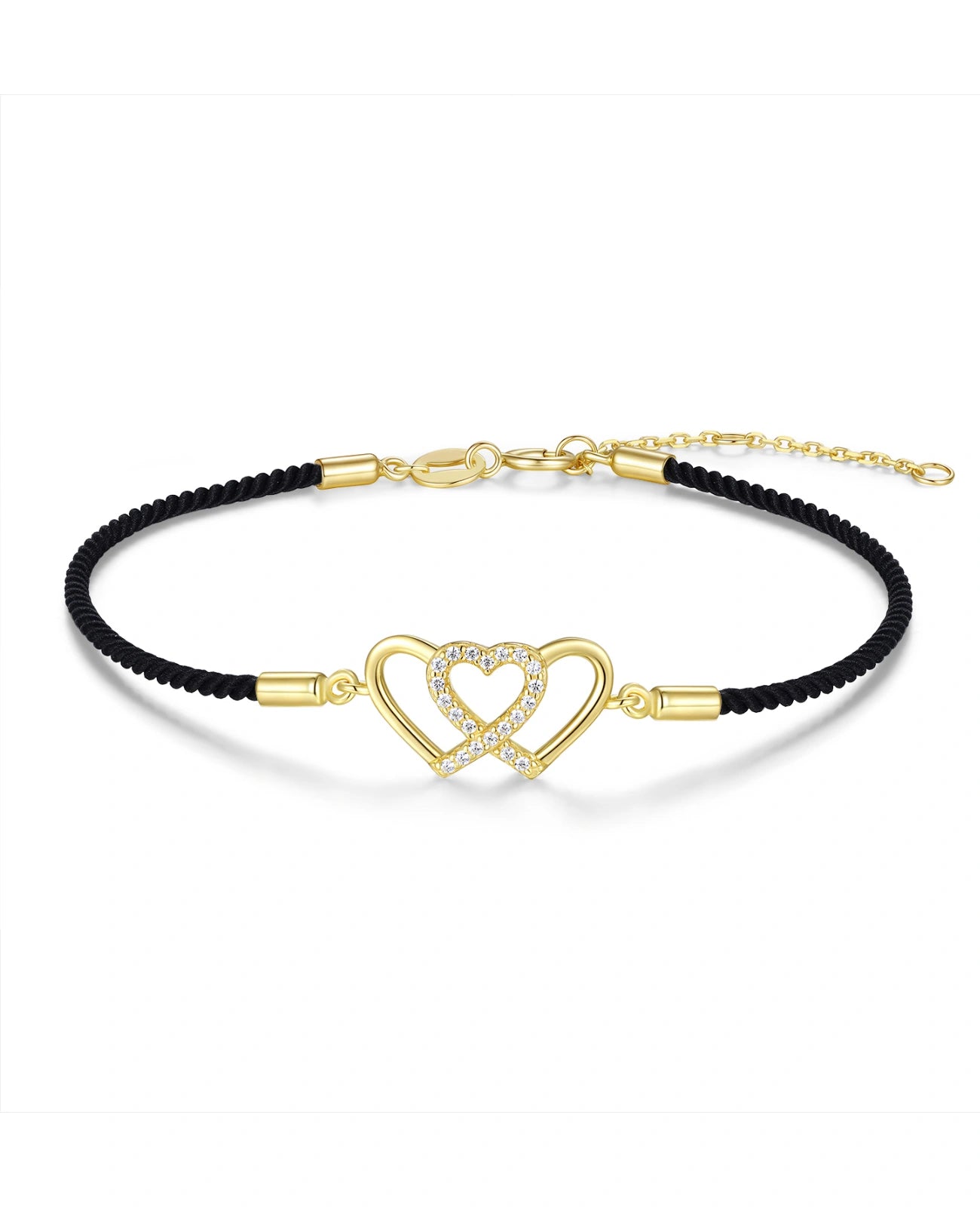 Gekordeltes schwarzes Textilarmband in der Mitte Doppelherzen