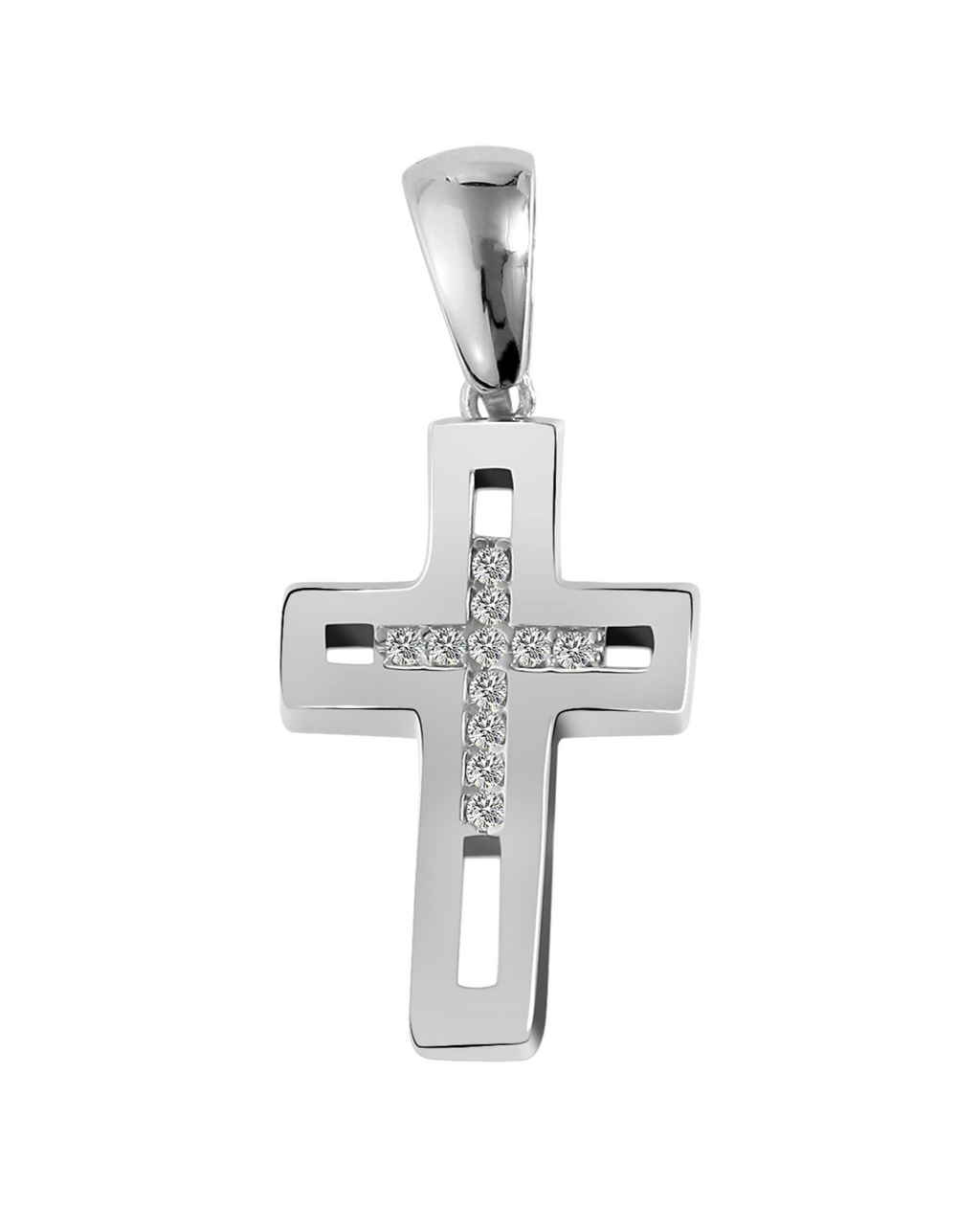 eckiges kreuz mittig offen darin kleines kreuz mit zirkonia steinen