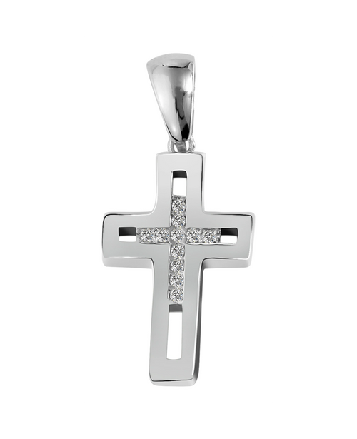 eckiges kreuz mittig offen darin kleines kreuz mit zirkonia steinen