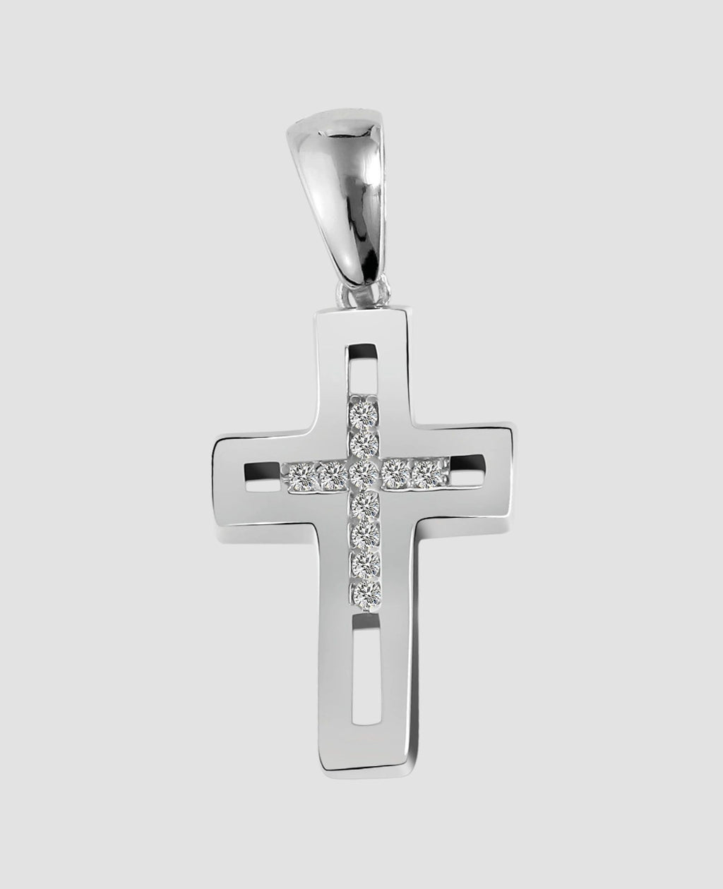 eckiges kreuz mittig offen darin kleines kreuz mit zirkonia steinen