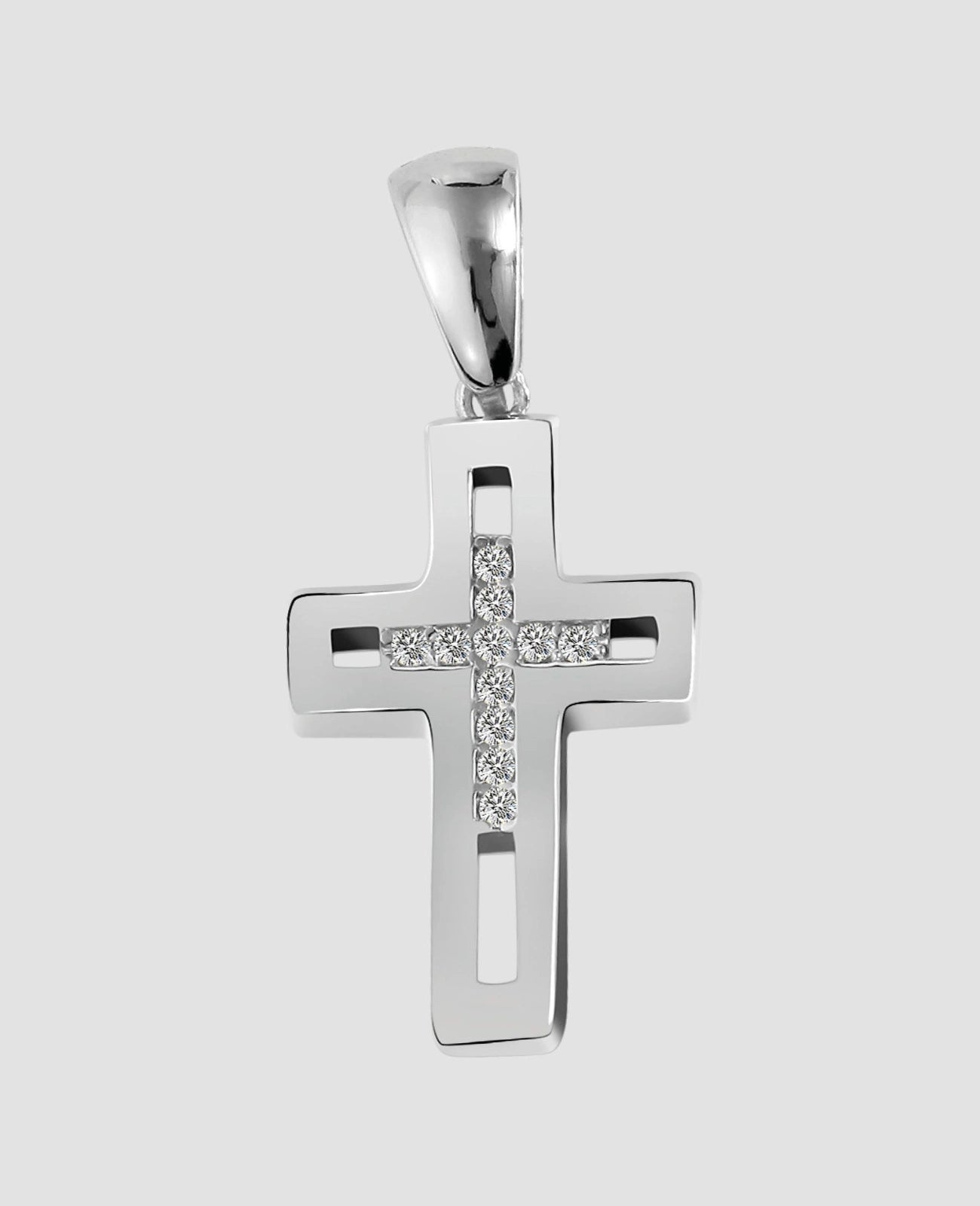 eckiges kreuz mittig offen darin kleines kreuz mit zirkonia steinen