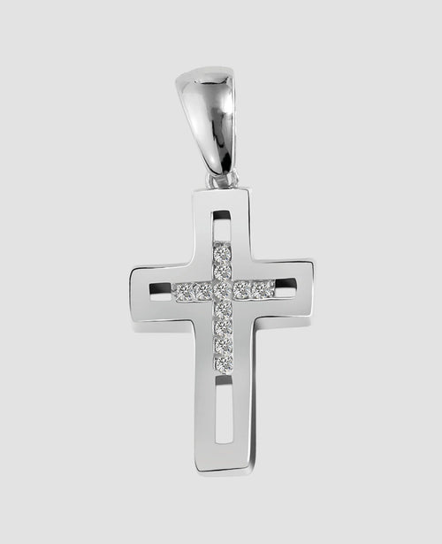 eckiges kreuz mittig offen darin kleines kreuz mit zirkonia steinen