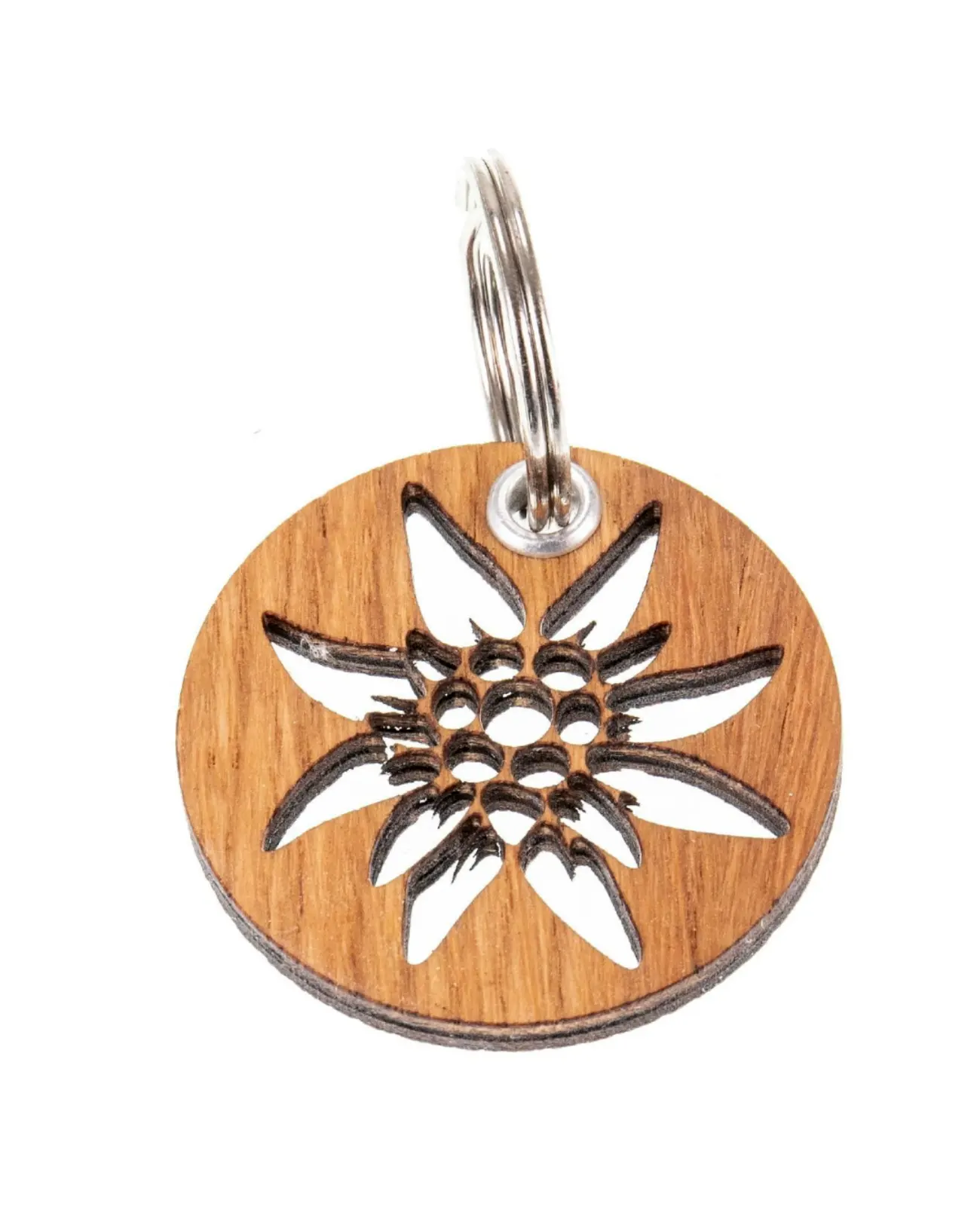runde holzscheibe mit ausgelagerten edelweiss