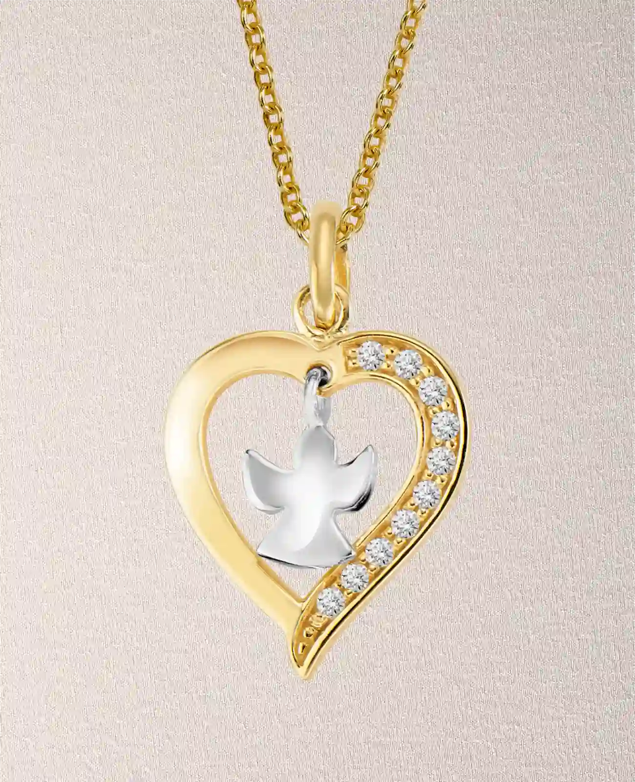 Ankerkette mit Herz Anhänger darin baumelnder Schutzengel