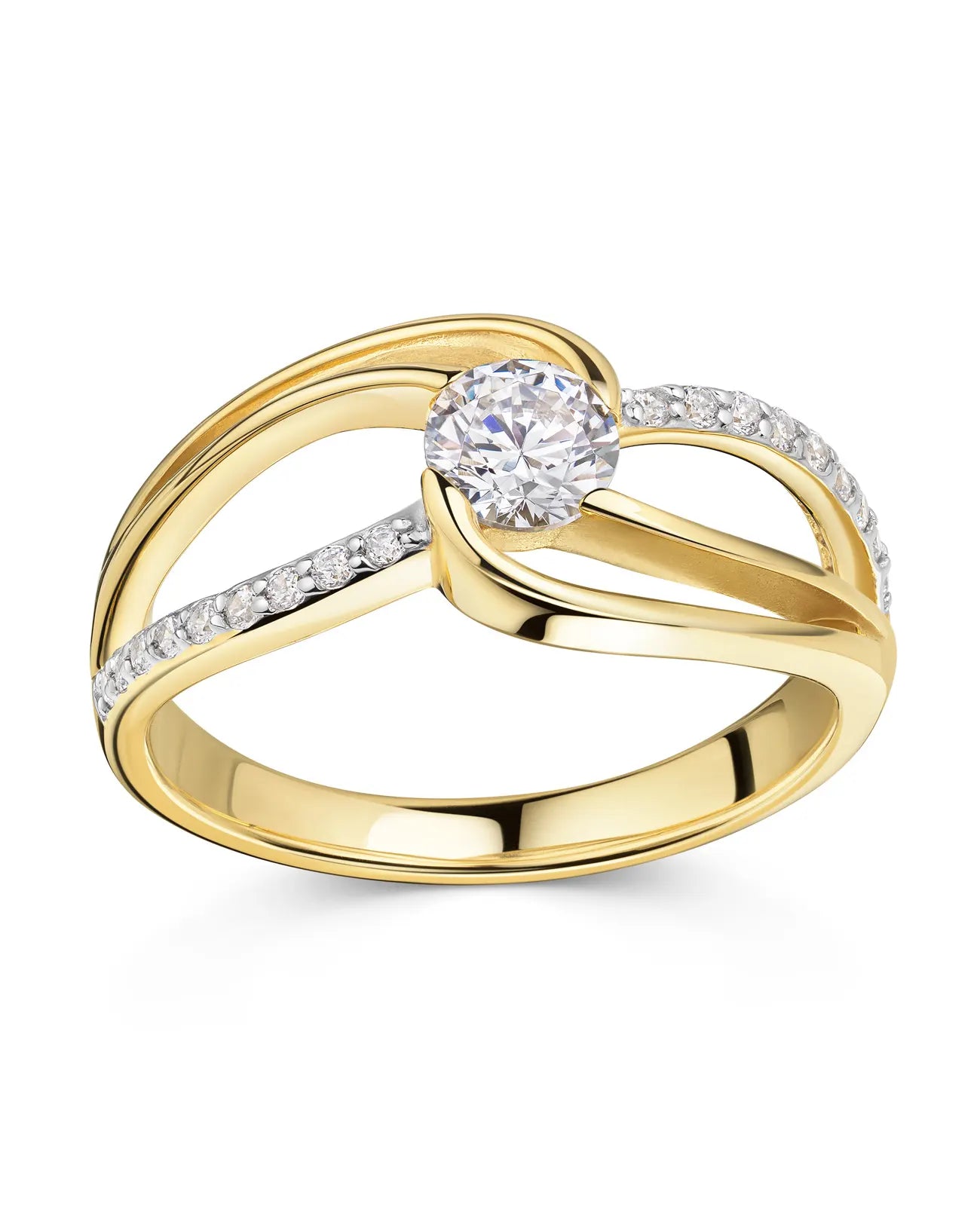 Geschwungener Ring großer Zirkonia in der Mitte in den Seitenwangen mehrere kleine Zirkonia Steine