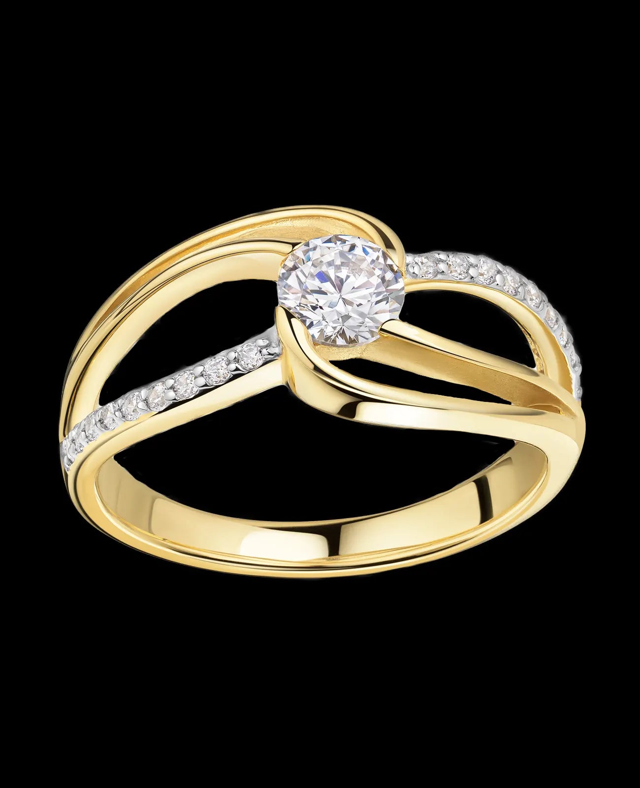 Geschwungener Ring großer Zirkonia in der Mitte in den Seitenwangen mehrere kleine Zirkonia Steine