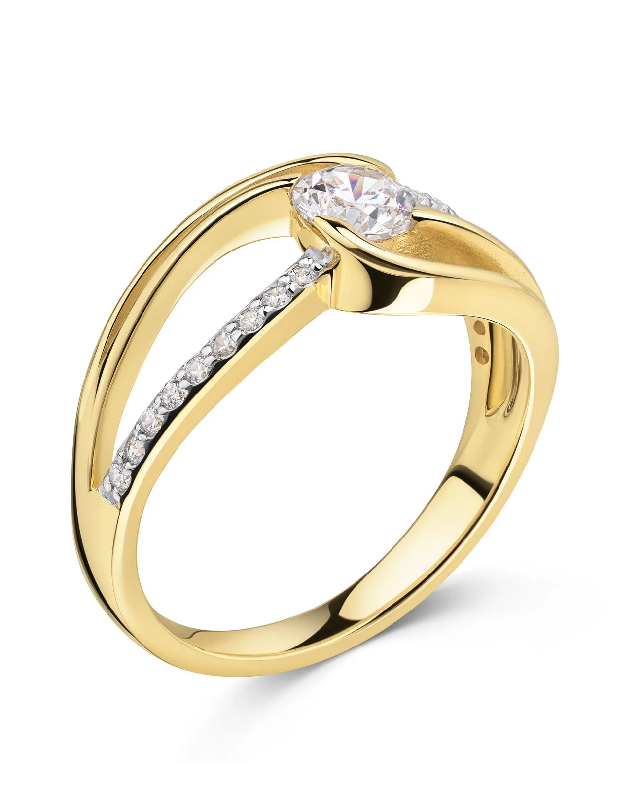 Geschwungener Ring großer Zirkonia in der Mitte in den Seitenwangen mehrere kleine Zirkonia Steine