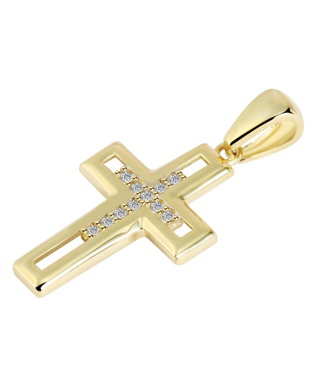eckiges kreuz mittig offen darin kleines kreuz mit zirkonia steinen