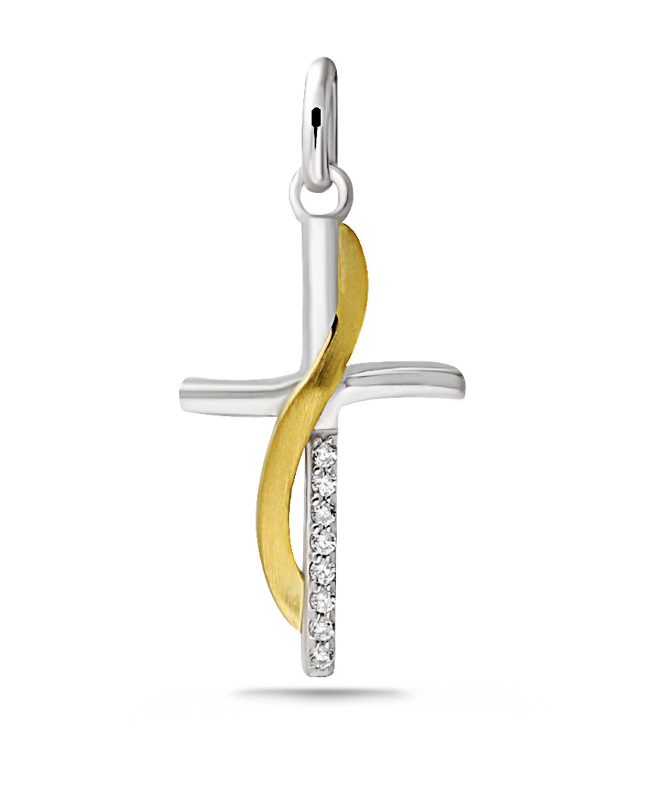 Kreuz unten mit Zirkonia Steinen leichtes geschwungenes Element über das Kreuz