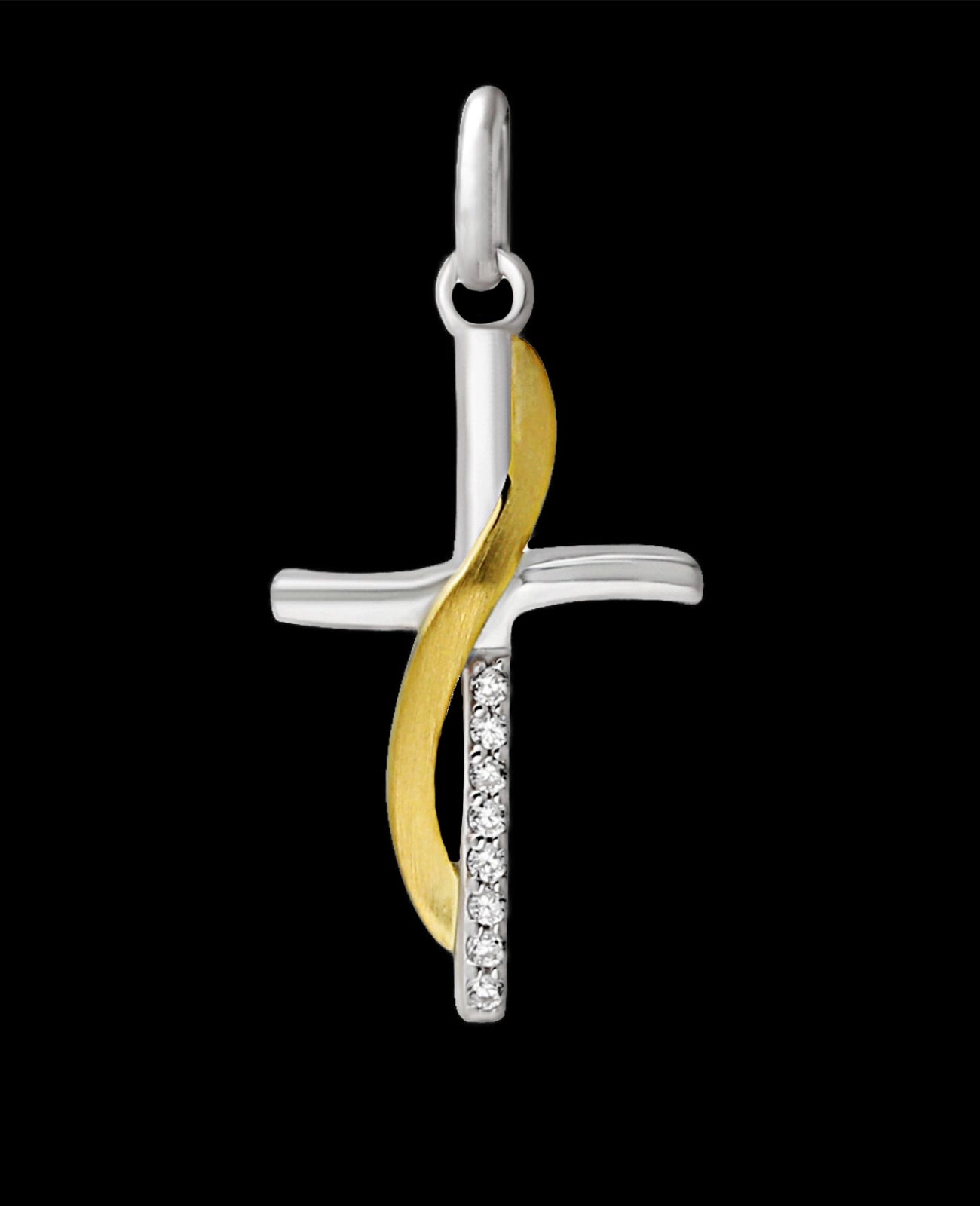 Kreuz unten mit Zirkonia Steinen leichtes geschwungenes Element über das Kreuz