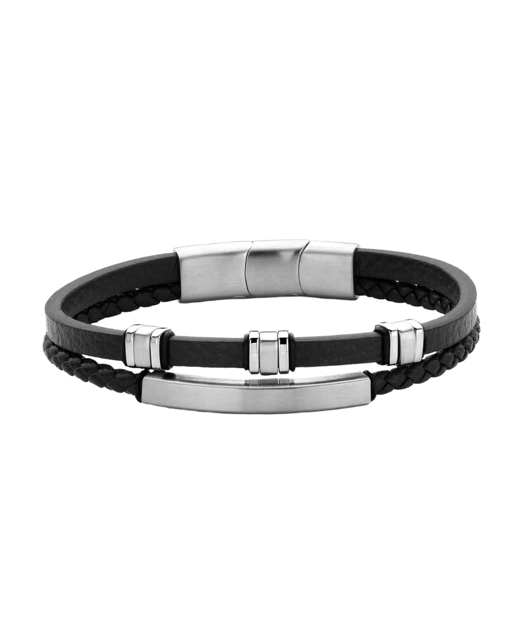 2 reihiges Lederarmband ein Strang 3 Zwischenteile der andere Strang großes Edelstahlelement für Gravur