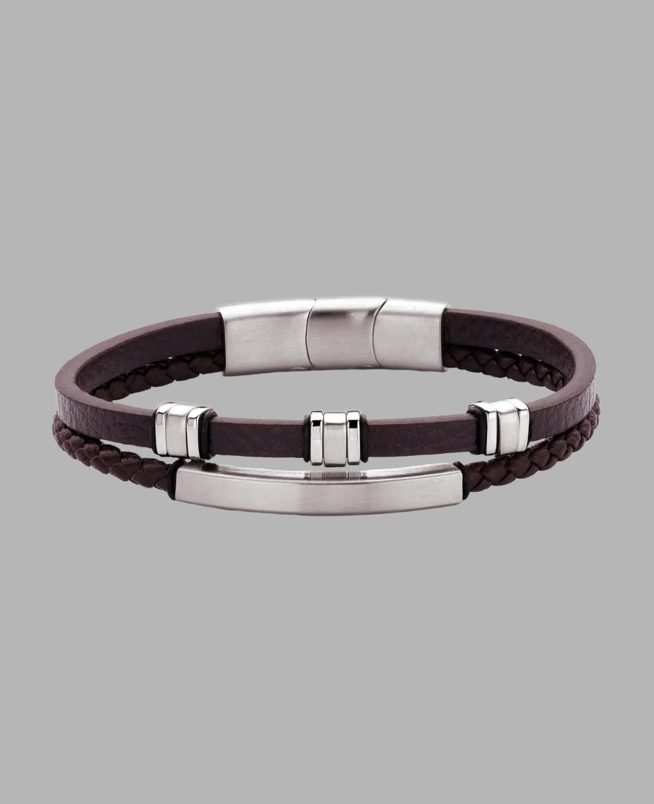 2 reihiges Lederarmband ein Strang 3 Zwischenteile der andere Strang großes Edelstahlelement für Gravur