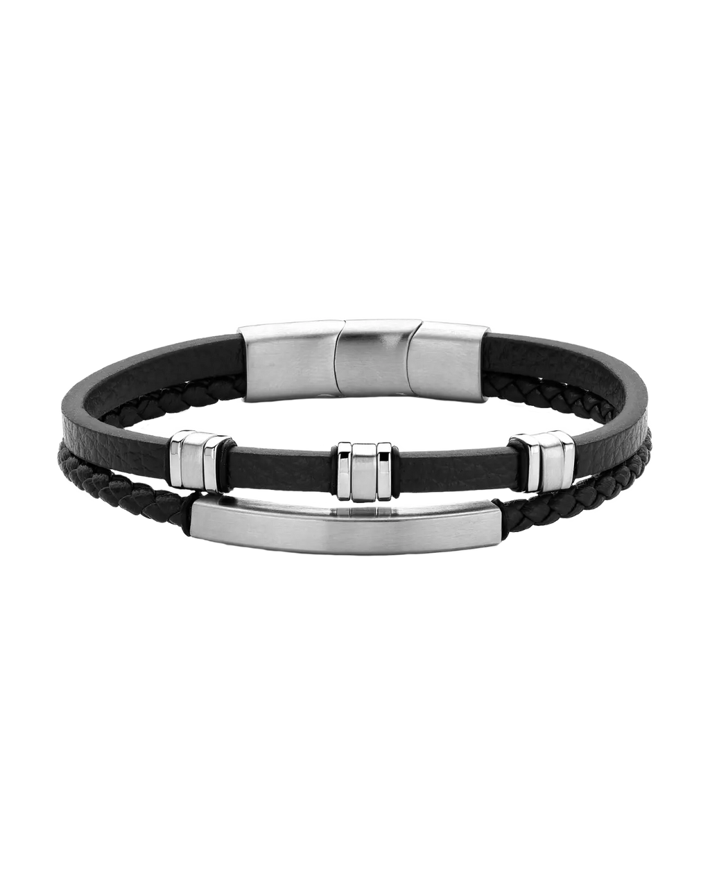 2 reihiges Lederarmband ein Strang 3 Zwischenteile der andere Strang großes Edelstahlelement für Gravur