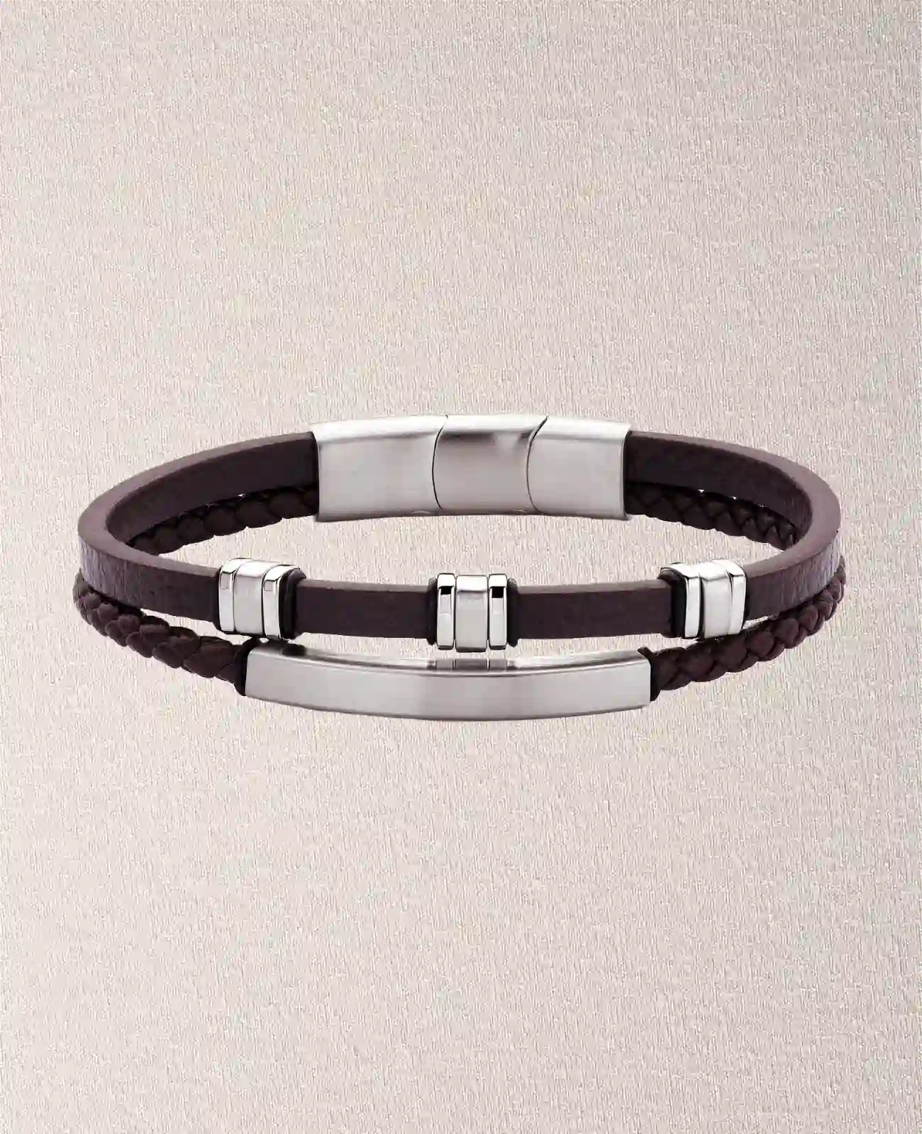 2 reihiges Lederarmband ein Strang 3 Zwischenteile der andere Strang großes Edelstahlelement für Gravur