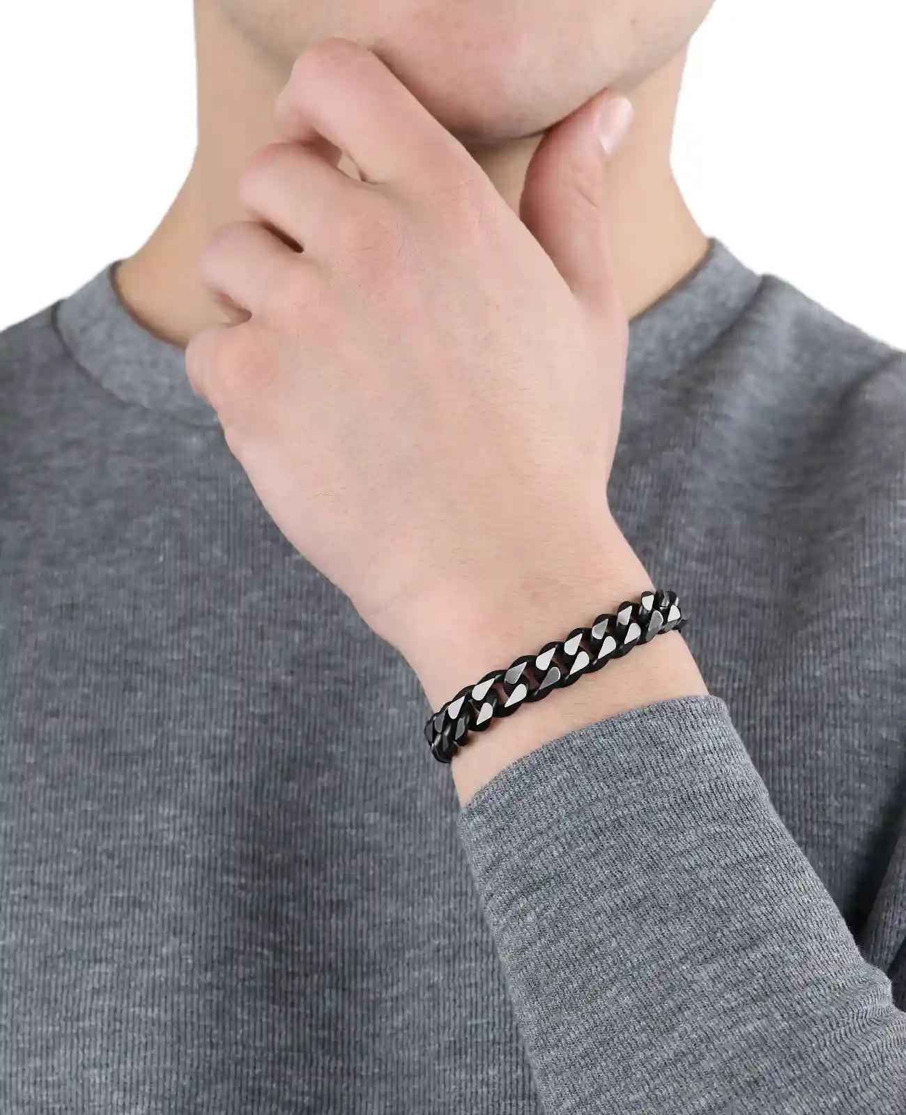 Panzerkette Armband aussen schwarz mittig silber