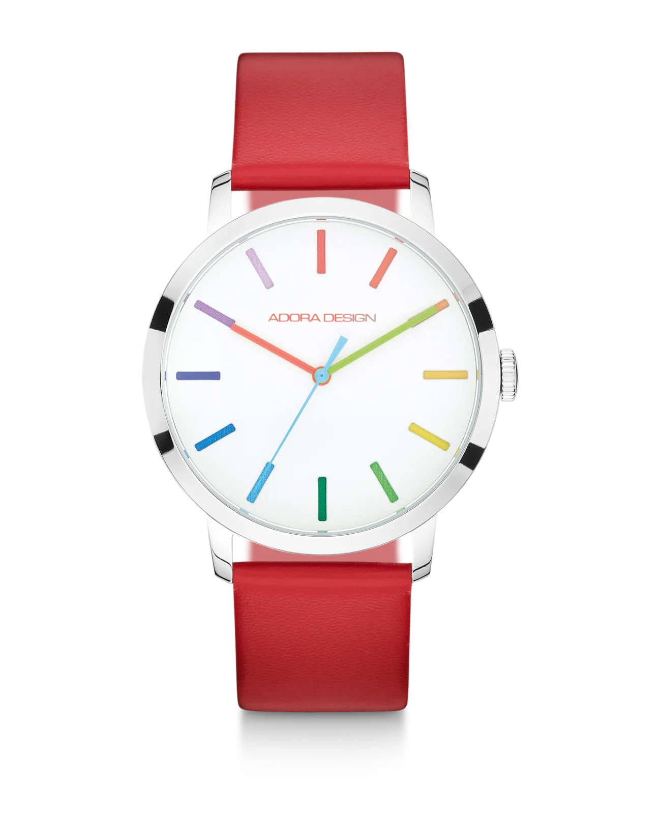 Rundes Gehäuse mit weißen Zifferblatt farbige Balken