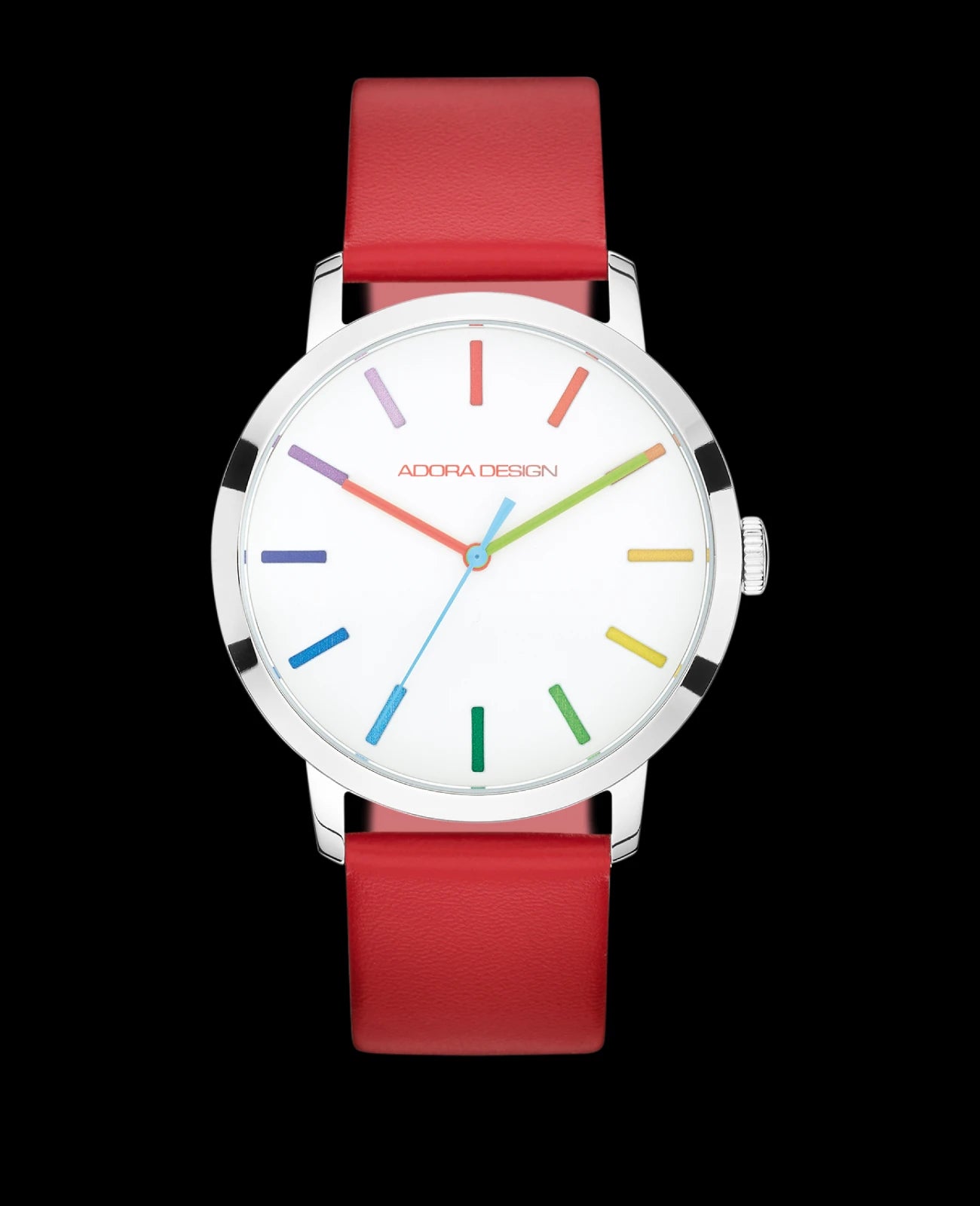 Rundes Gehäuse mit weißen Zifferblatt farbige Balken