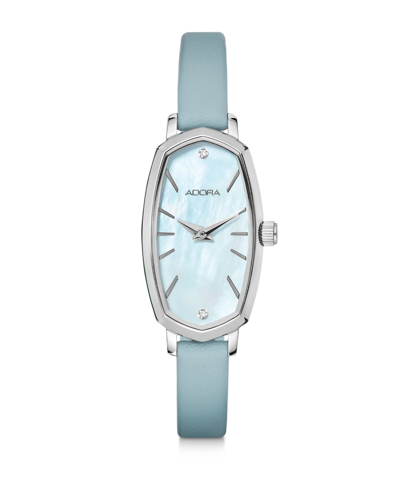 Rechteckiges langes Gehäuse mit bläulichen Zifferblatt