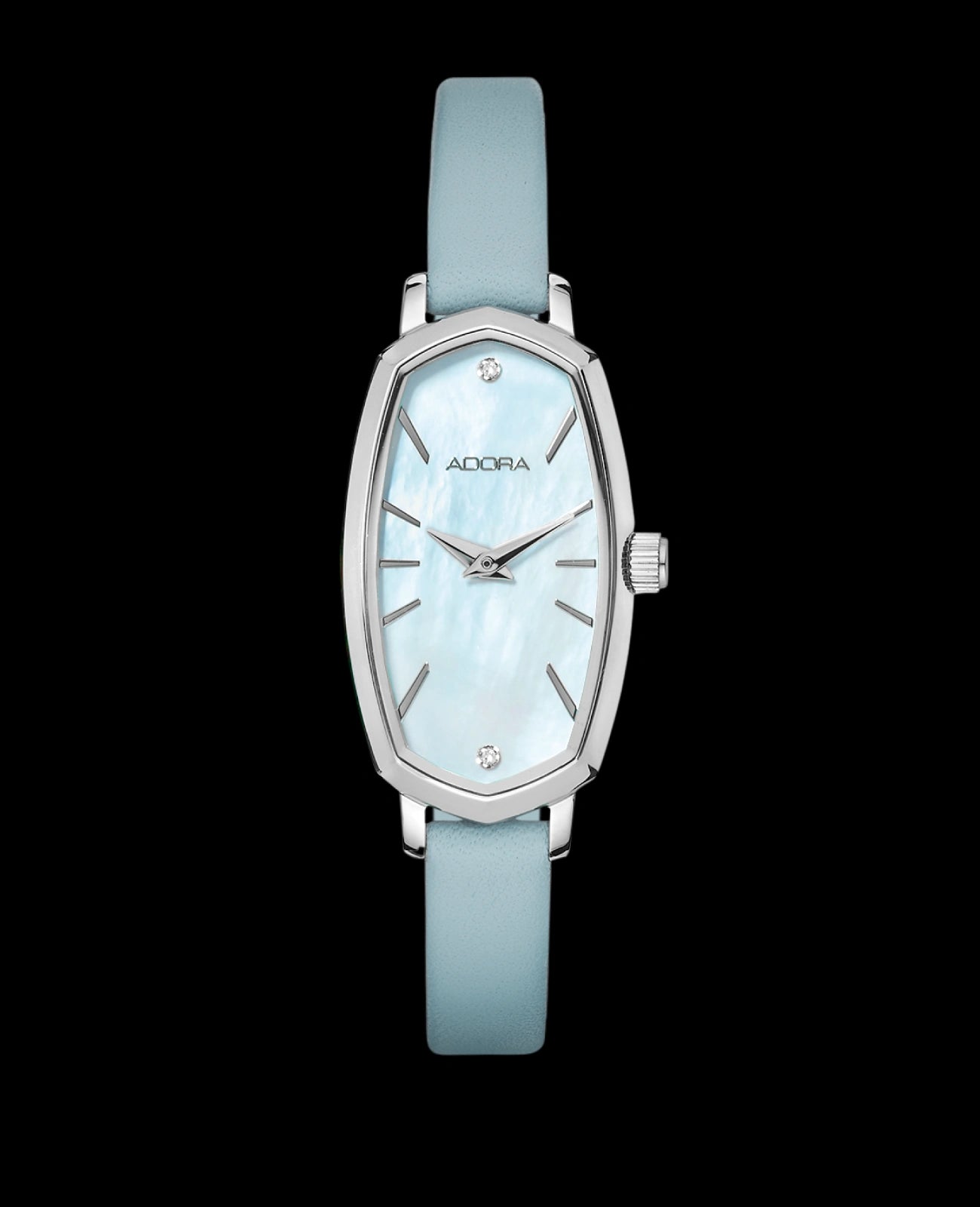 Rechteckiges langes Gehäuse mit bläulichen Zifferblatt