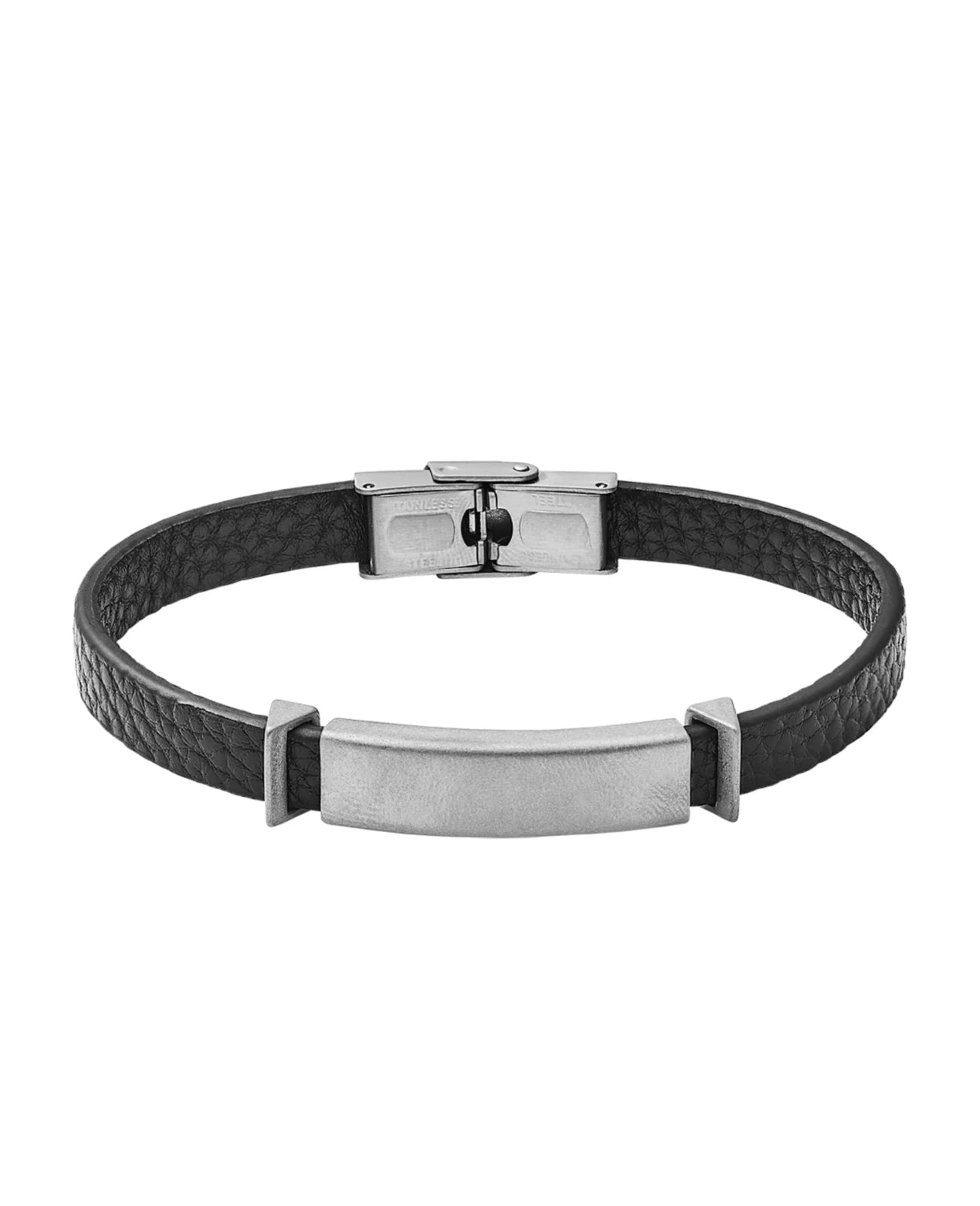 Lederarmband schwarz mit Gravurplatte und rechts und links davon ein dreieckiges Segment