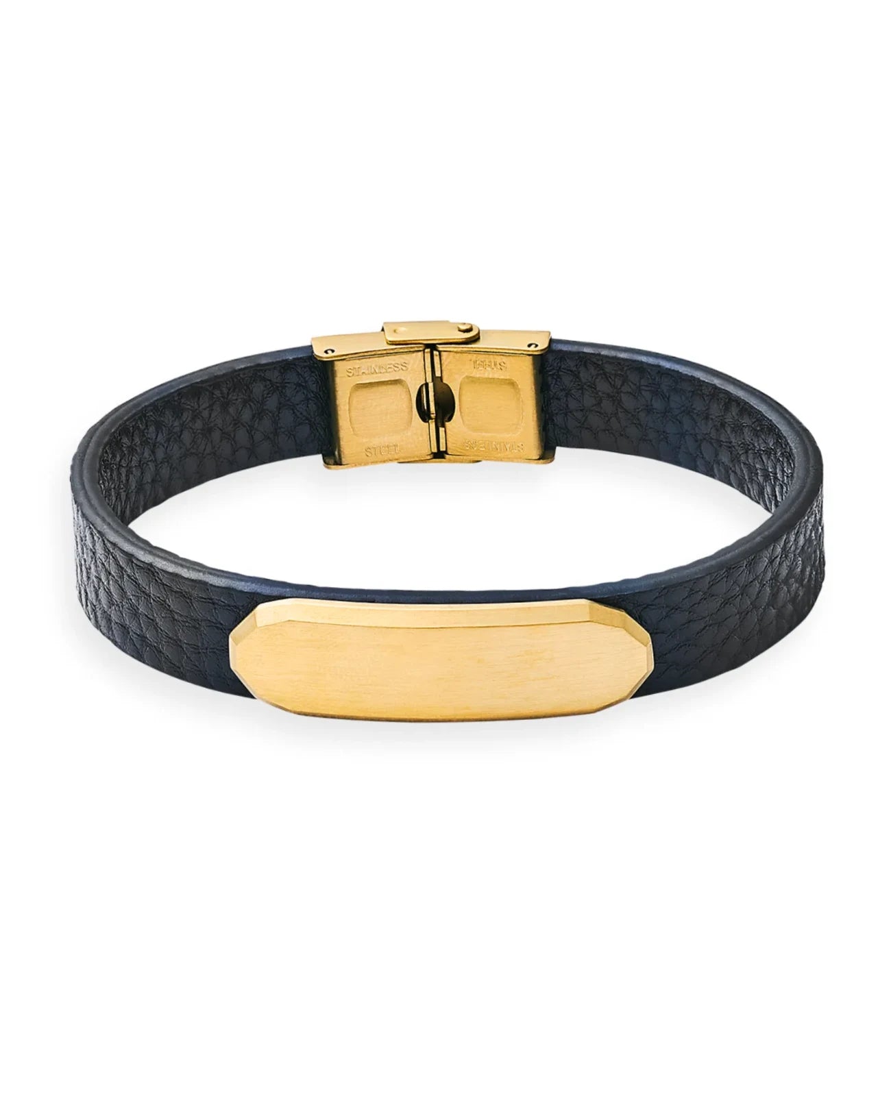Lederarmband schwarz mit aufgesetzter goldenen Gravurplatte