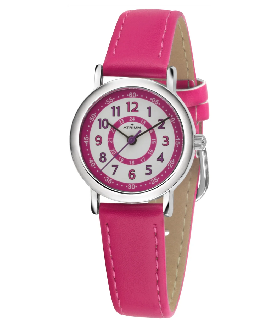 kinderuhr Pinkes lederarmband zifferblatt rosa kreise mit großen arabischen zahlen