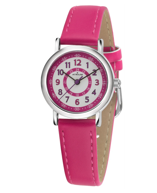 kinderuhr Pinkes lederarmband zifferblatt rosa kreise mit großen arabischen zahlen