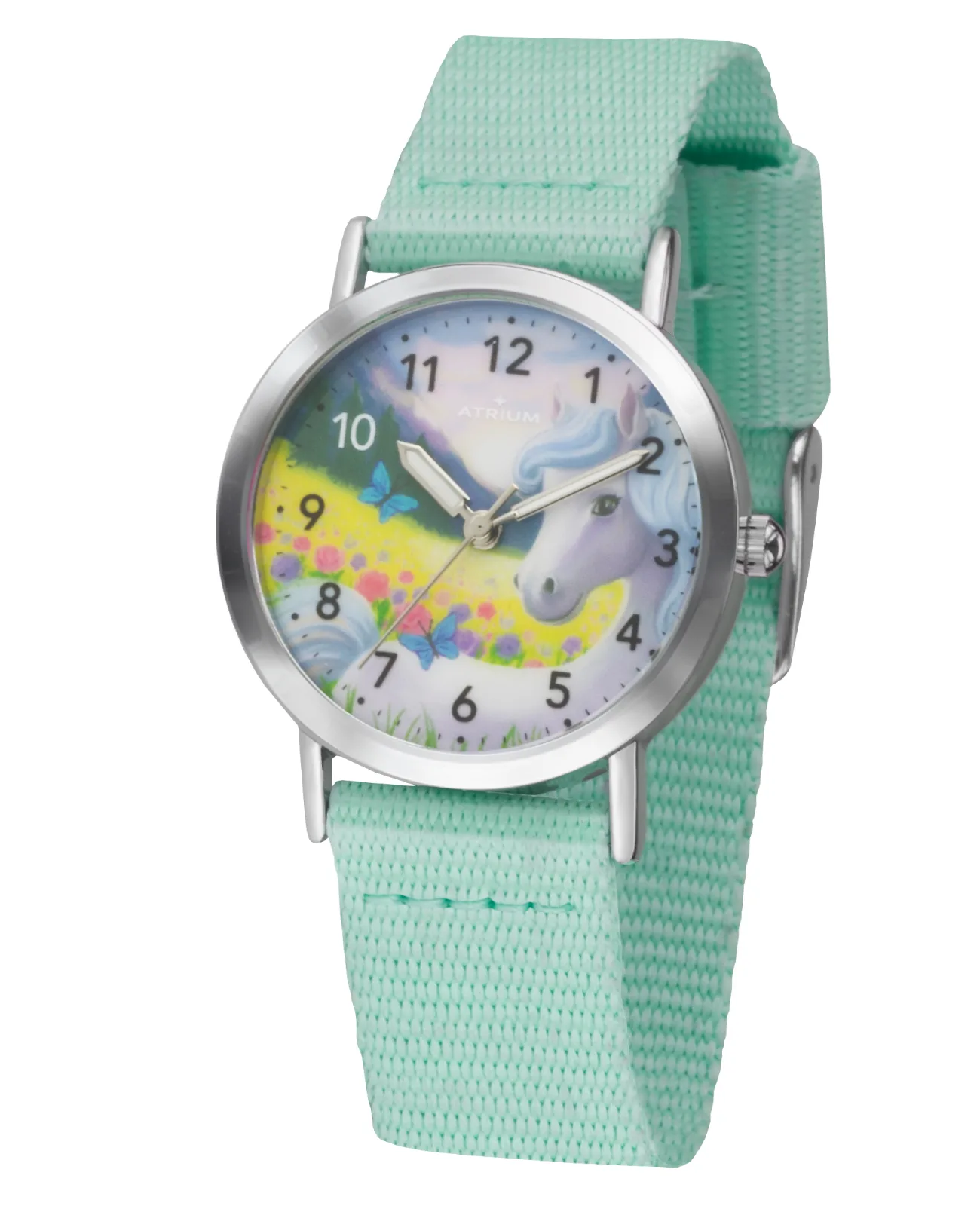 kinderuhr mit mintfarbenen textilarmband pferdemitiv am zifferblatt arabische zahlen