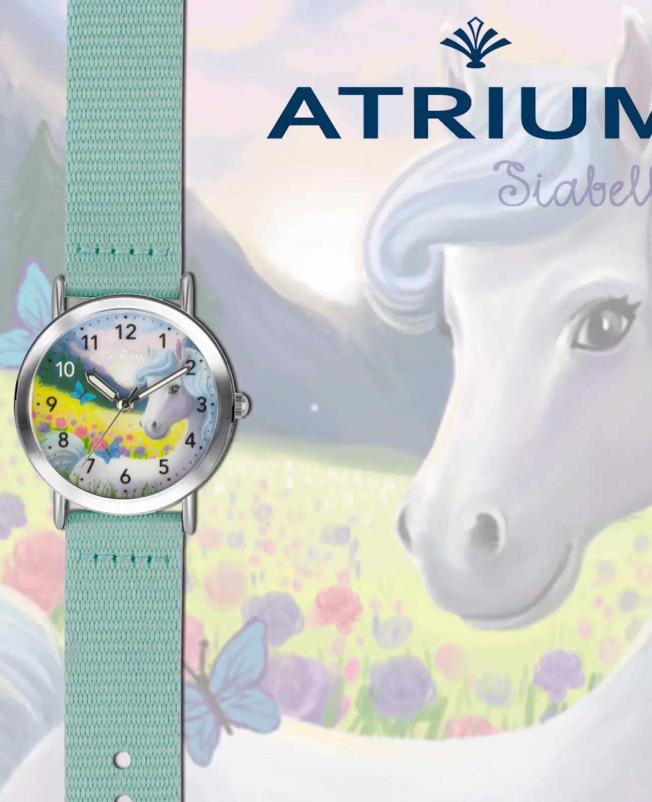 kinderuhr mit mintfarbenen textilarmband pferdemitiv am zifferblatt arabische zahlen