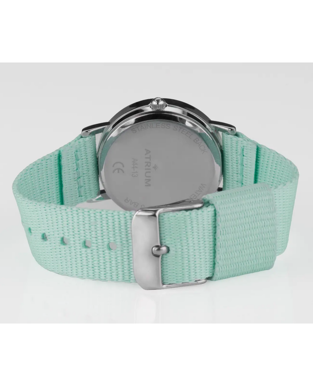 kinderuhr mit mintfarbenen textilarmband pferdemitiv am zifferblatt arabische zahlen