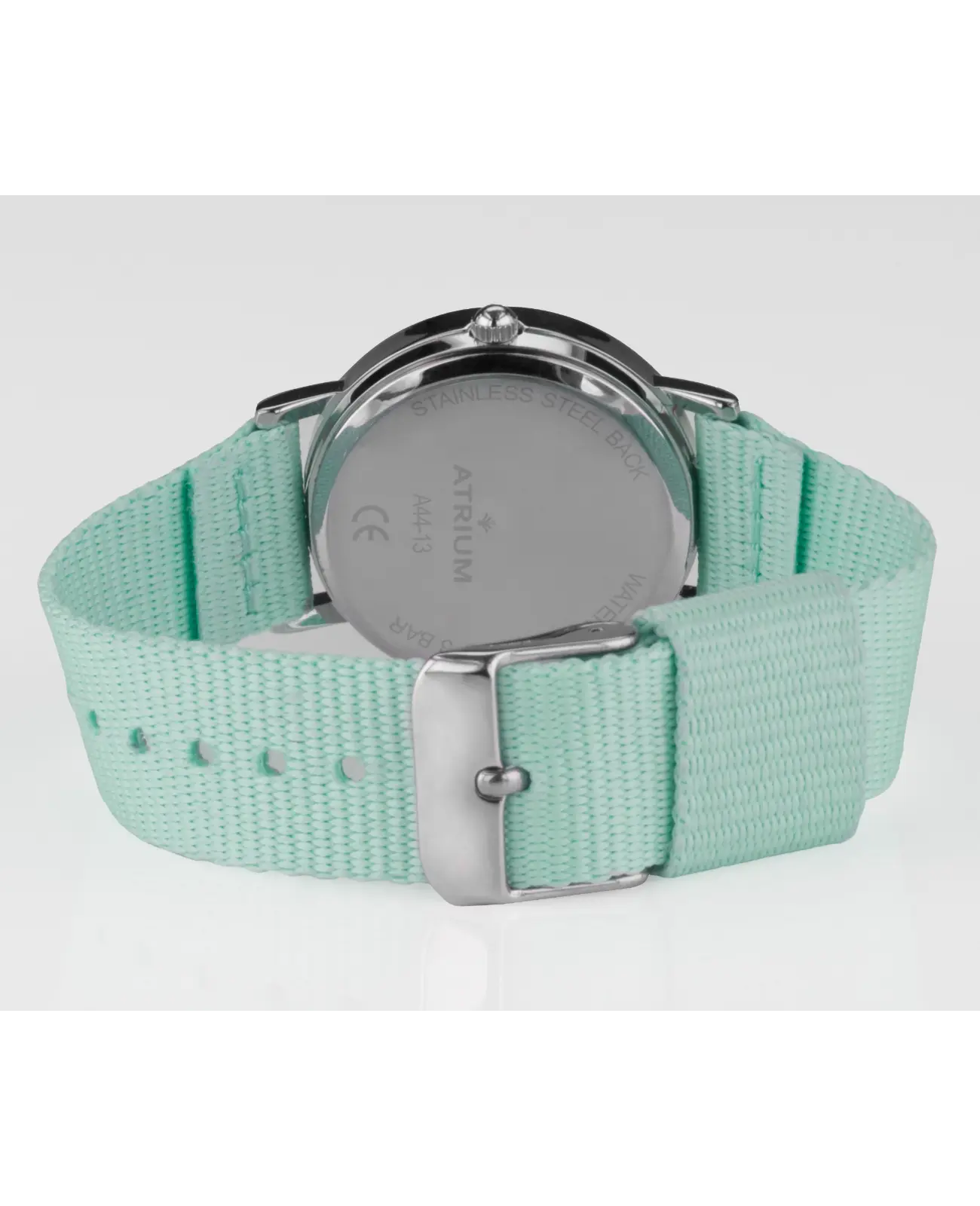 kinderuhr mit mintfarbenen textilarmband pferdemitiv am zifferblatt arabische zahlen