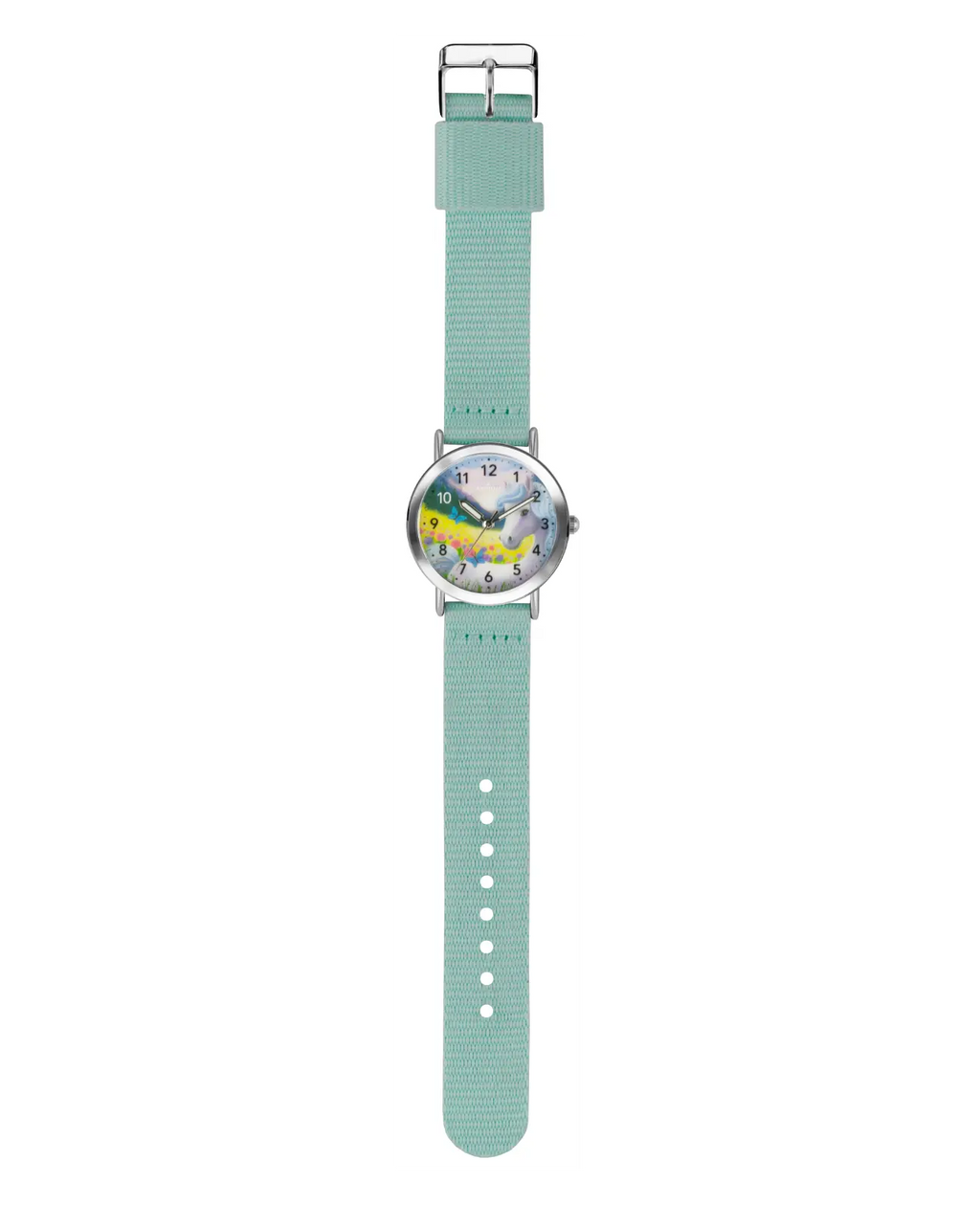 kinderuhr mit mintfarbenen textilarmband pferdemitiv am zifferblatt arabische zahlen